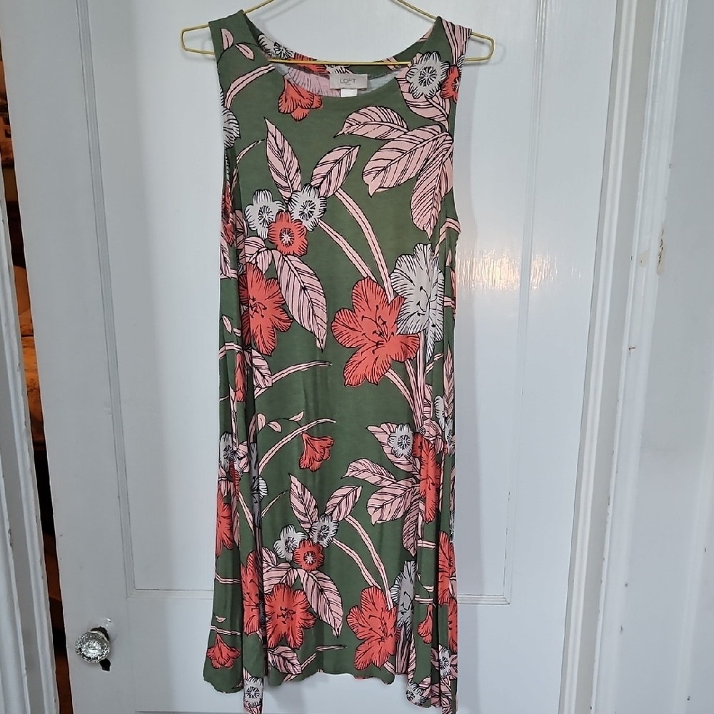 LOFT Green and Red Floral Mini A line dress